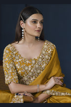 Mustard Crepe Satin Silk Saree With Stitched Blouse For Indian & Pakistani Wedding Festival - Dori Work, Sequence Embroidery Work, Stone Work