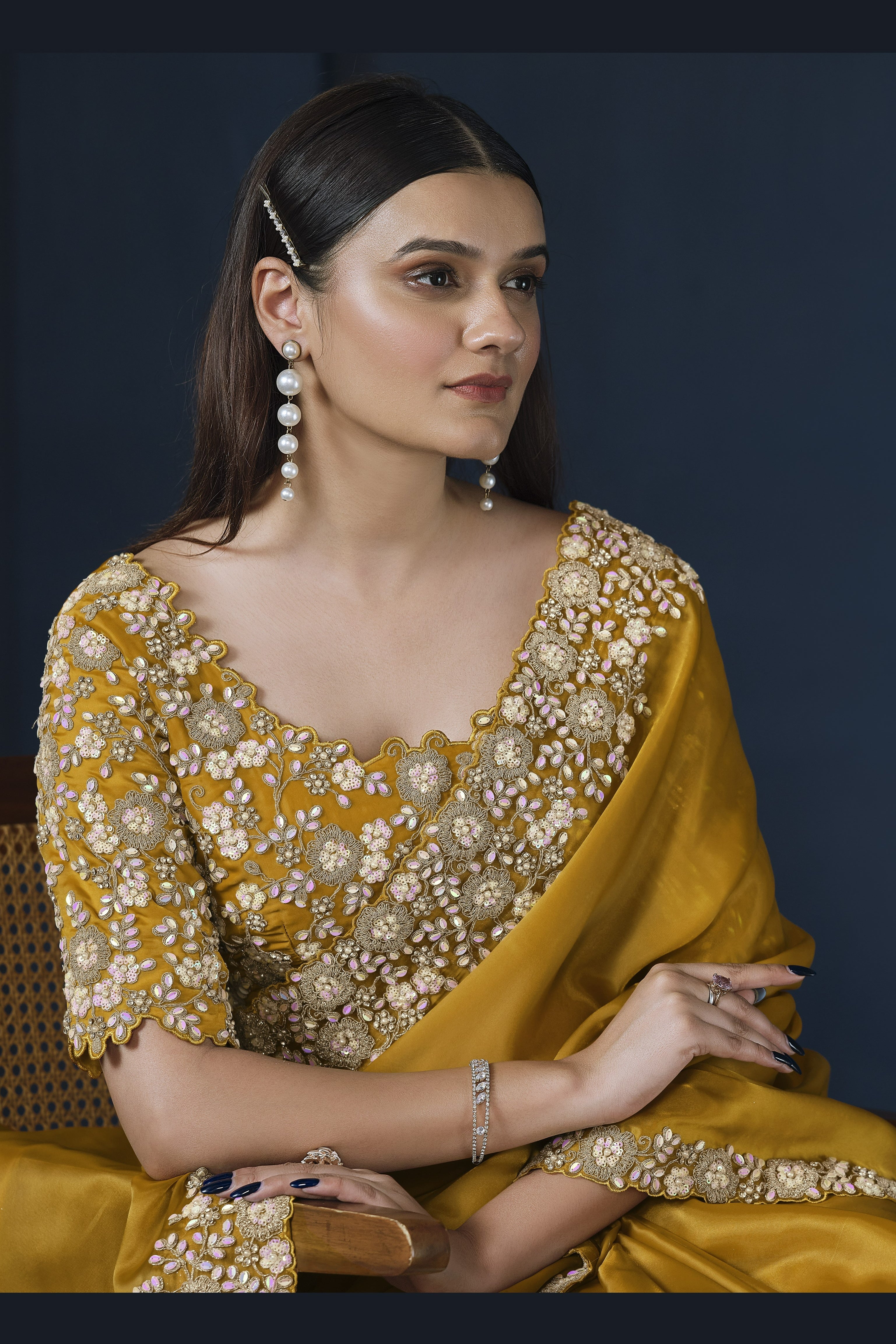 Mustard Crepe Satin Silk Saree With Stitched Blouse For Indian & Pakistani Wedding Festival - Dori Work, Sequence Embroidery Work, Stone Work