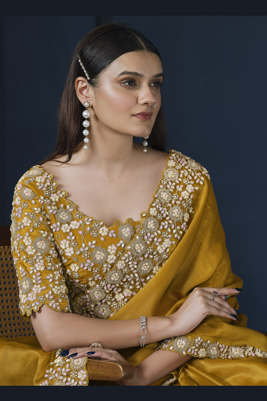 Mustard Crepe Satin Silk Saree With Stitched Blouse For Indian & Pakistani Wedding Festival - Dori Work, Sequence Embroidery Work, Stone Work