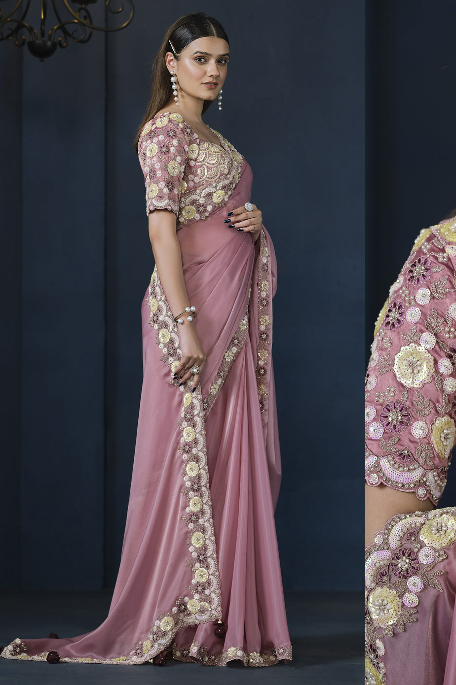 Pink Crepe Satin Silk Saree With Stitched Blouse For Indian & Pakistani Wedding Festival - Sequence Embroidery Work, Moti Work