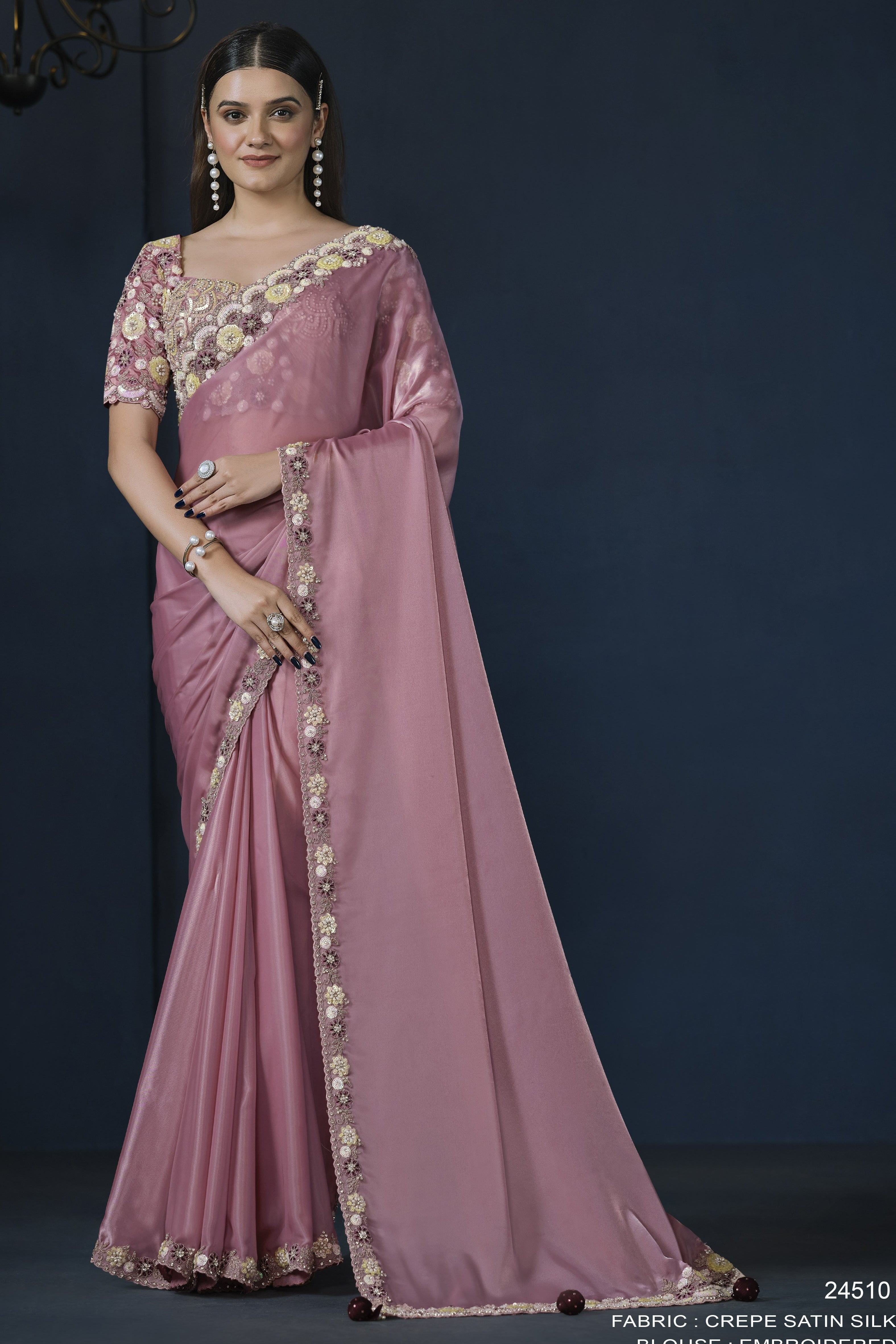 Pink Crepe Satin Silk Saree With Stitched Blouse For Indian & Pakistani Wedding Festival - Sequence Embroidery Work, Moti Work
