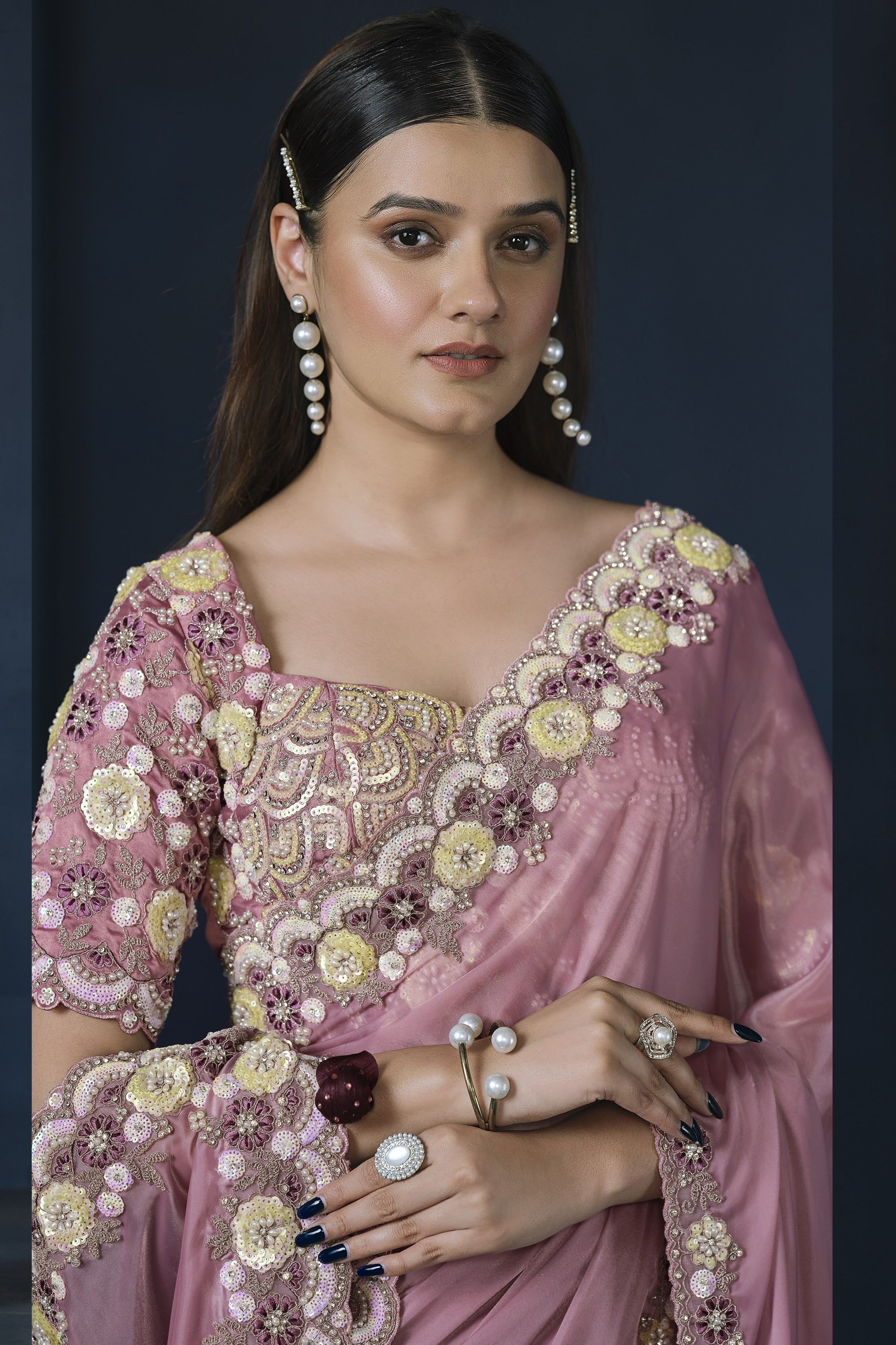 Pink Crepe Satin Silk Saree With Stitched Blouse For Indian & Pakistani Wedding Festival - Sequence Embroidery Work, Moti Work