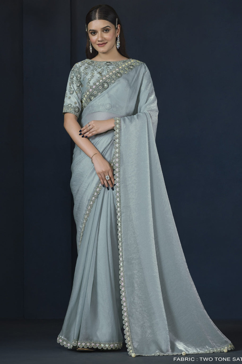Light Blue Satin Silk Saree With Stitched Blouse For Indian & Pakistani Wedding Festival - Sequence Embroidery Work, Dori Work, Moti Work