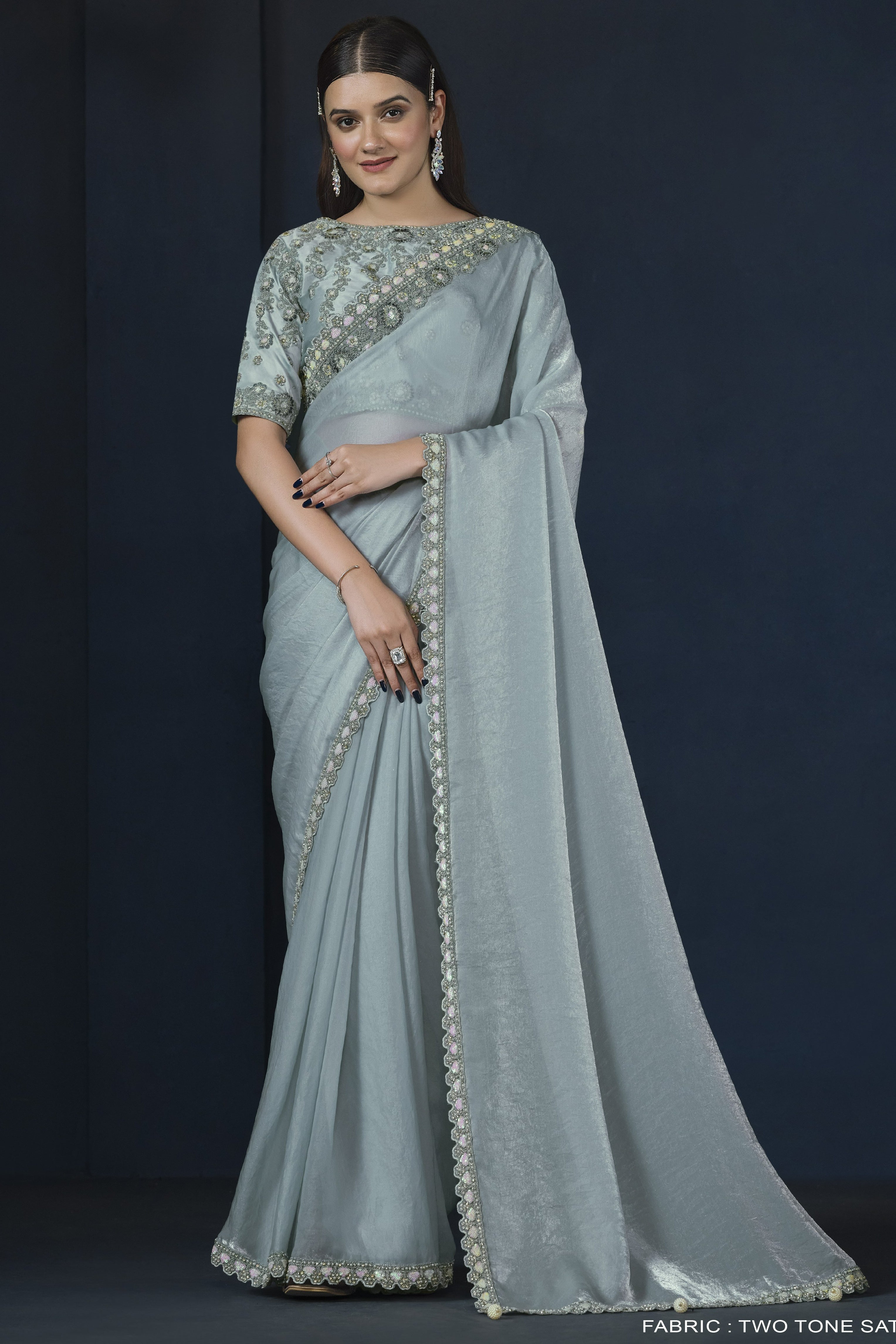 Light Blue Satin Silk Saree With Stitched Blouse For Indian & Pakistani Wedding Festival - Sequence Embroidery Work, Dori Work, Moti Work