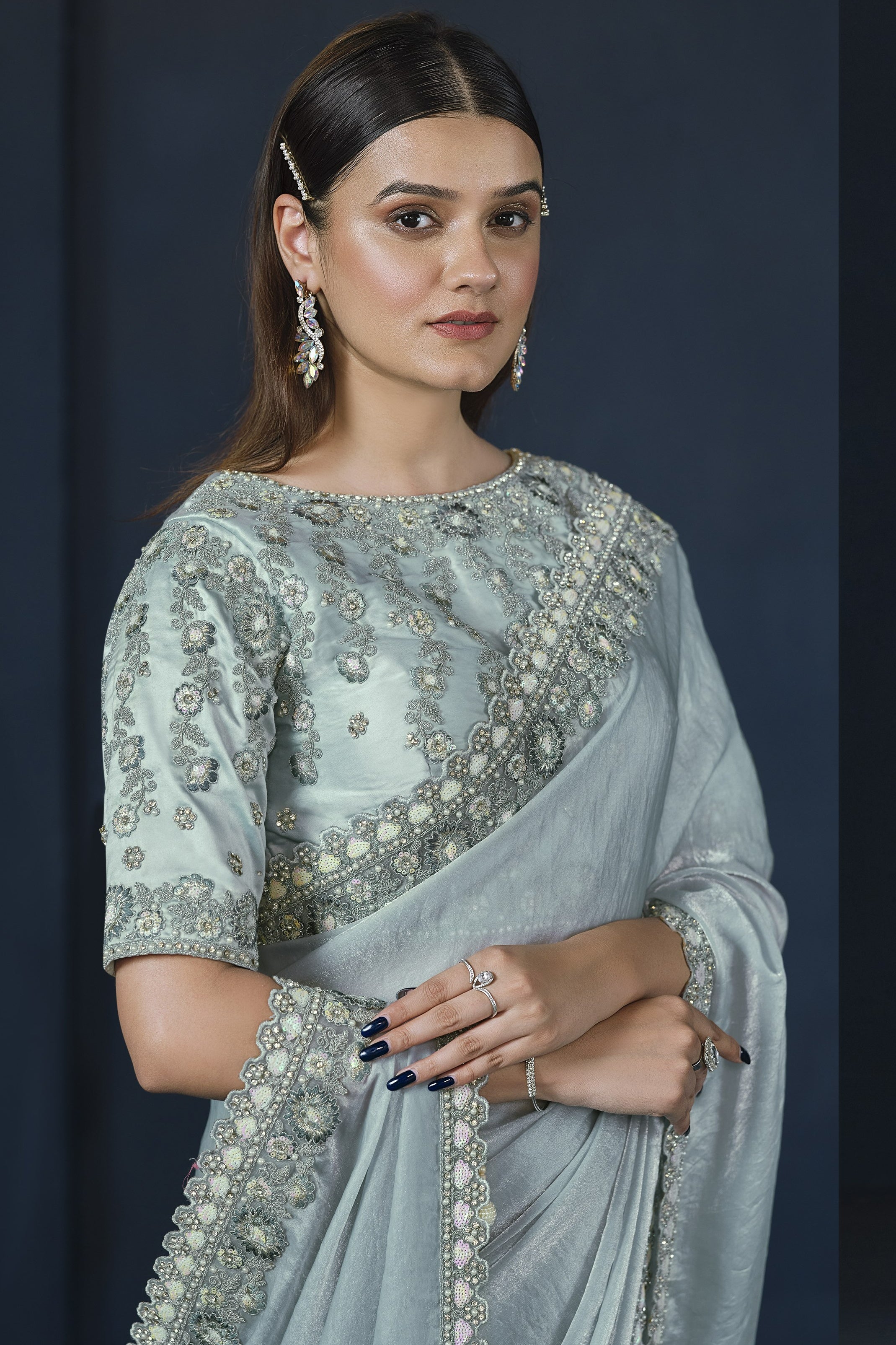 Light Blue Satin Silk Saree With Stitched Blouse For Indian & Pakistani Wedding Festival - Sequence Embroidery Work, Dori Work, Moti Work