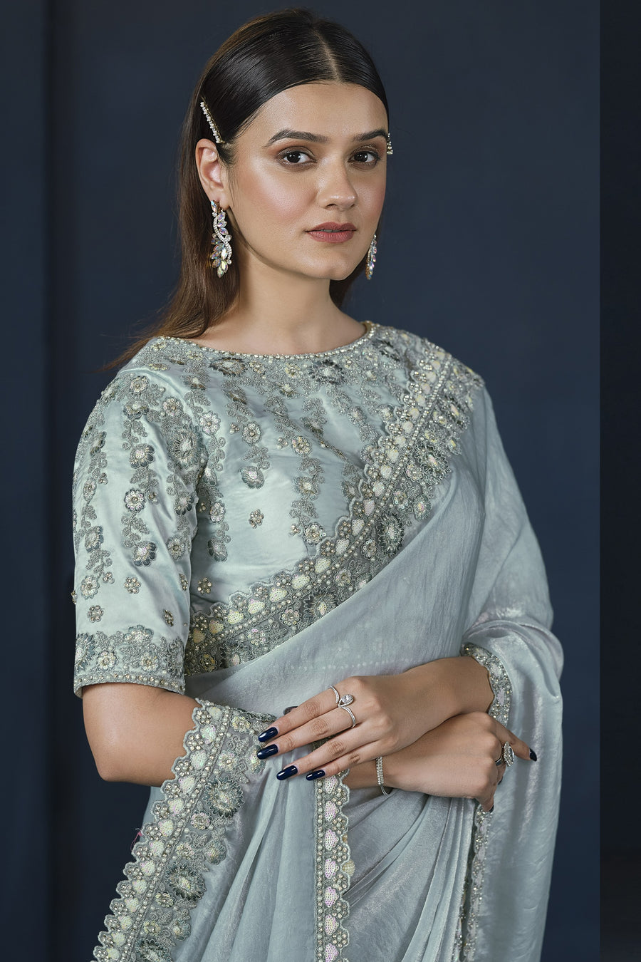 Light Blue Satin Silk Saree With Stitched Blouse For Indian & Pakistani Wedding Festival - Sequence Embroidery Work, Dori Work, Moti Work