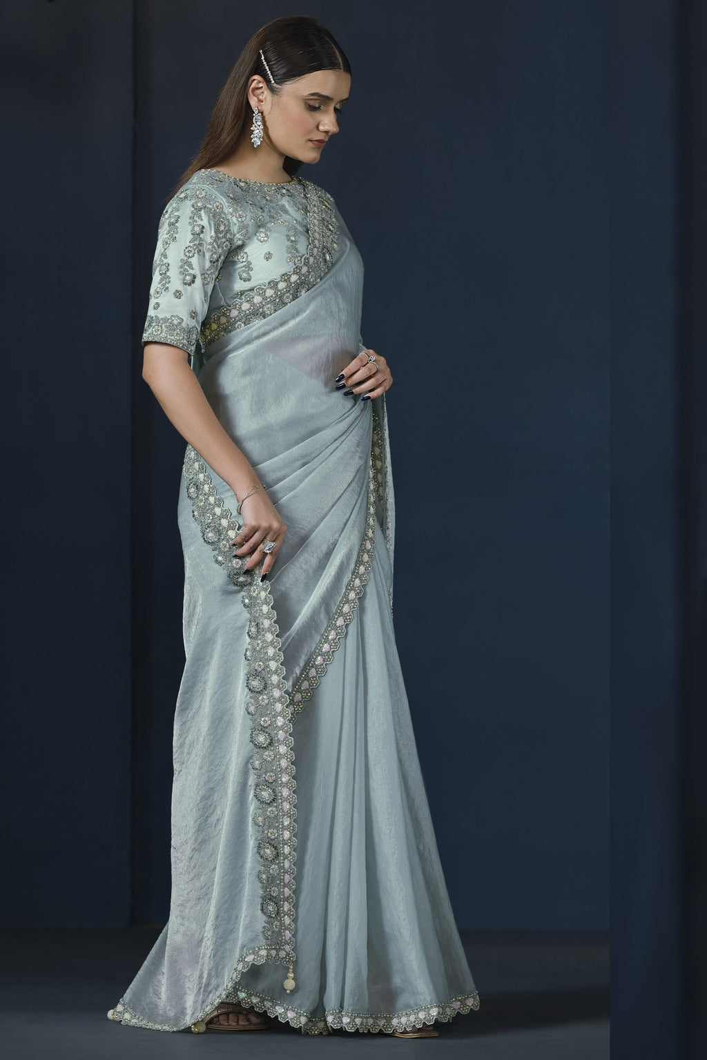 Light Blue Satin Silk Saree With Stitched Blouse For Indian & Pakistani Wedding Festival - Sequence Embroidery Work, Dori Work, Moti Work