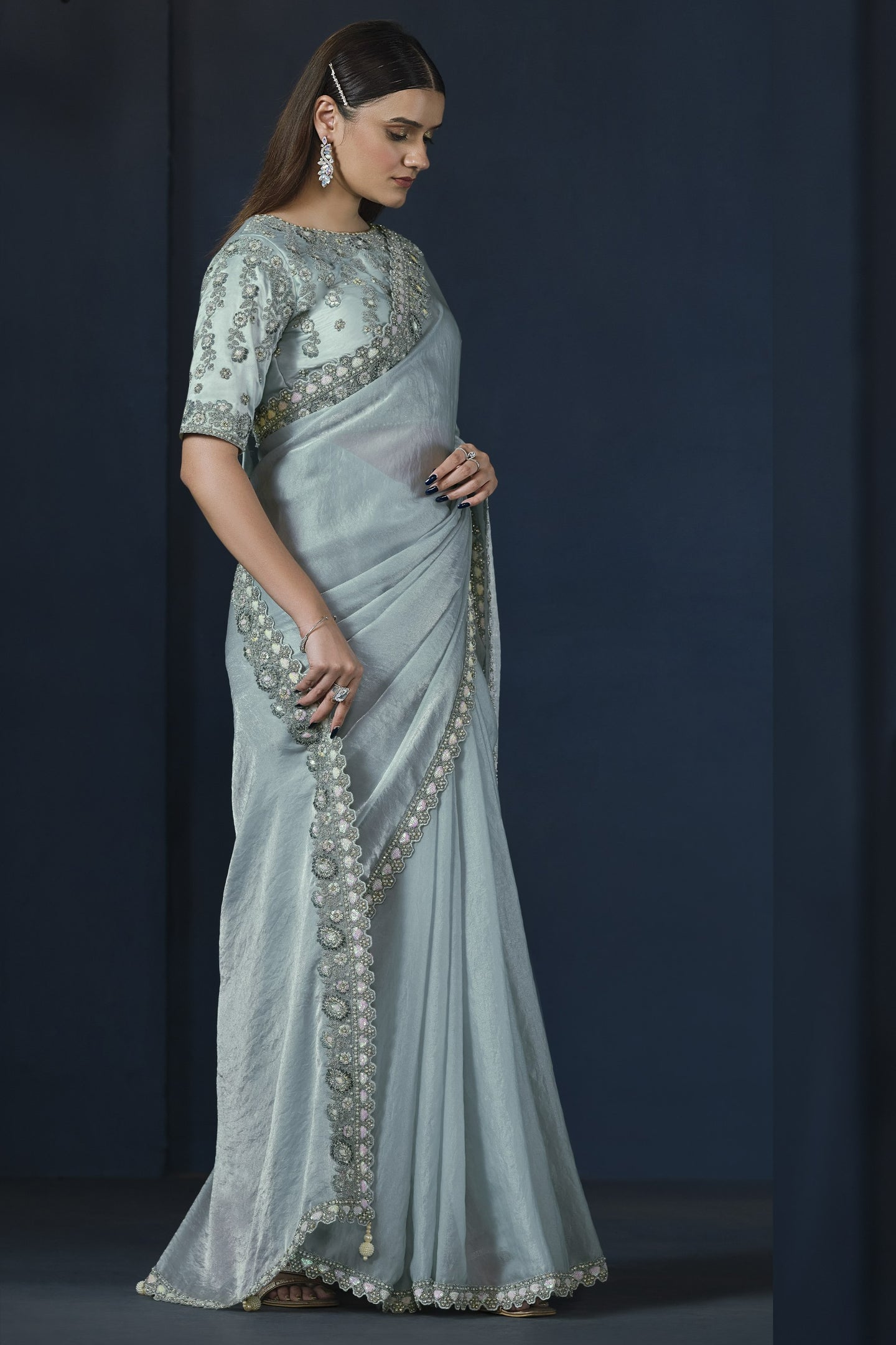 Light Blue Satin Silk Saree With Stitched Blouse For Indian & Pakistani Wedding Festival - Sequence Embroidery Work, Dori Work, Moti Work