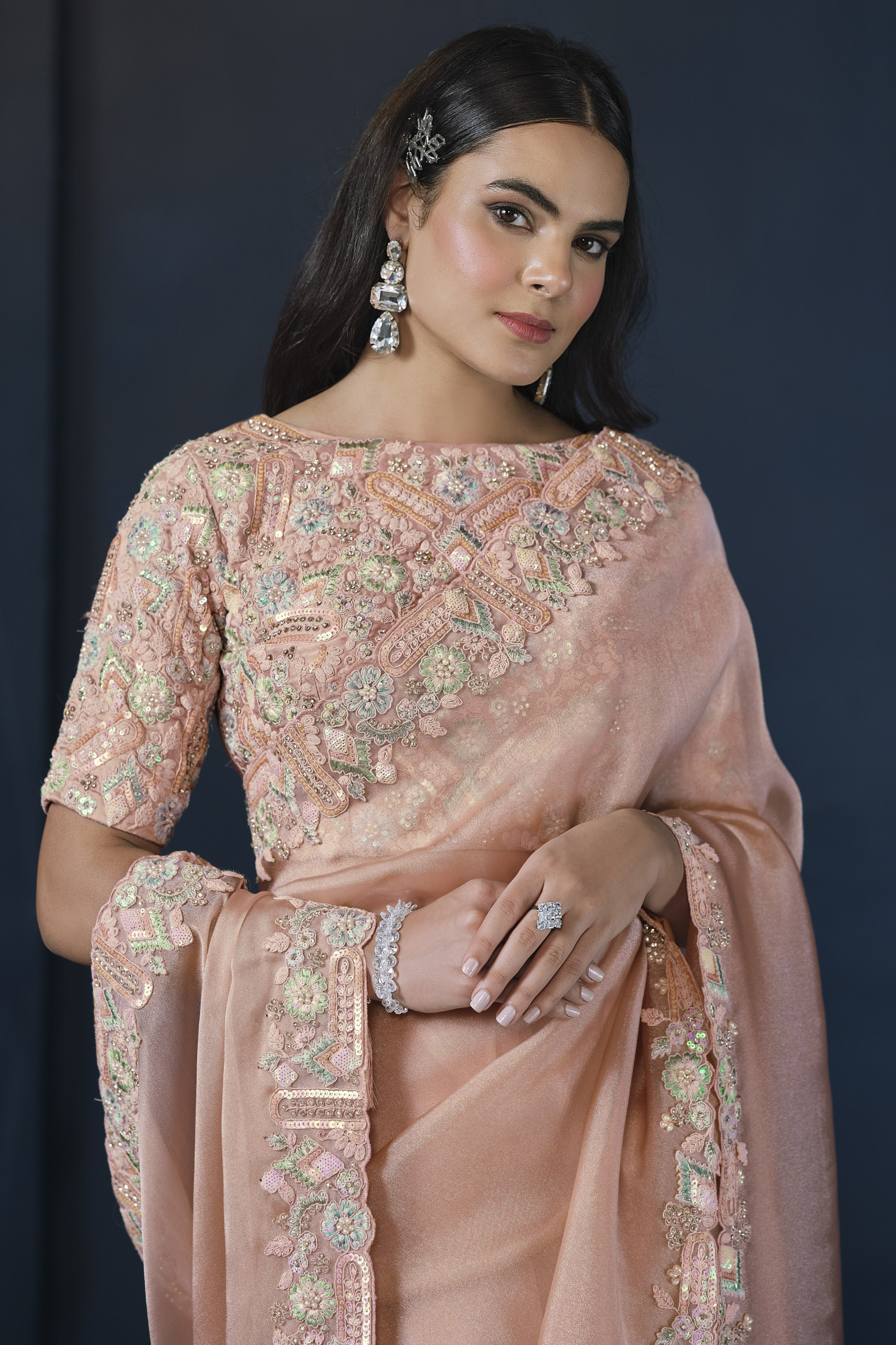 Dusty Rose Glace Tissue Silk Saree With Stitched Blouse For Indian & Pakistani Wedding Festival - Sequence Embroidery Work, Moti Work