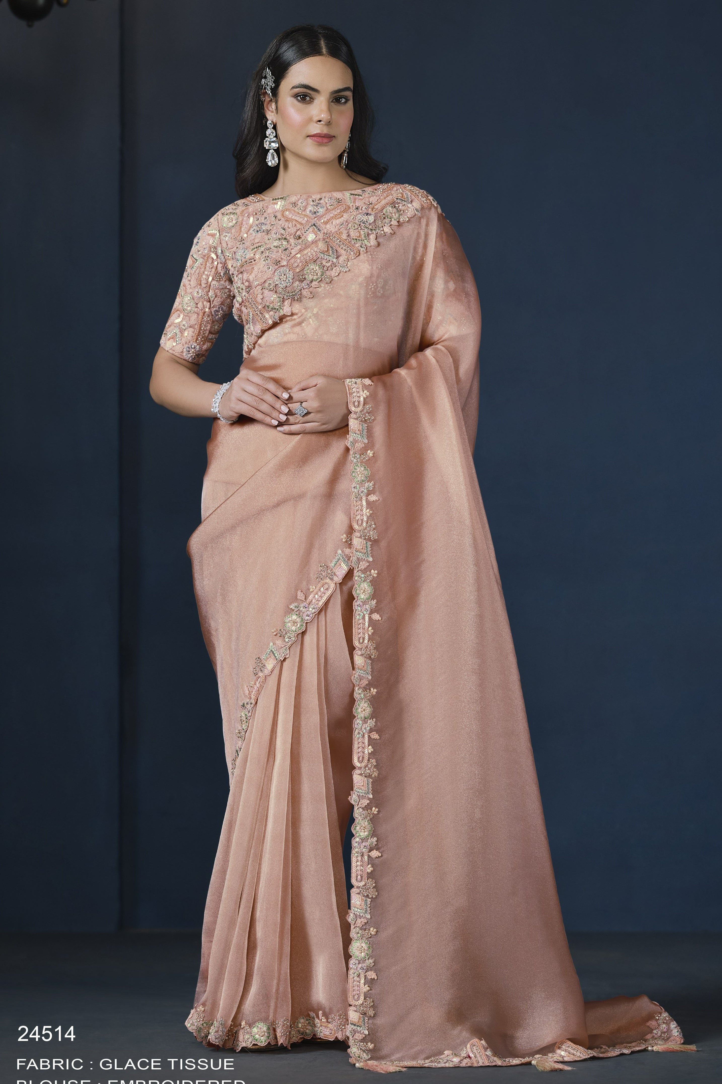 Dusty Rose Glace Tissue Silk Saree With Stitched Blouse For Indian & Pakistani Wedding Festival - Sequence Embroidery Work, Moti Work