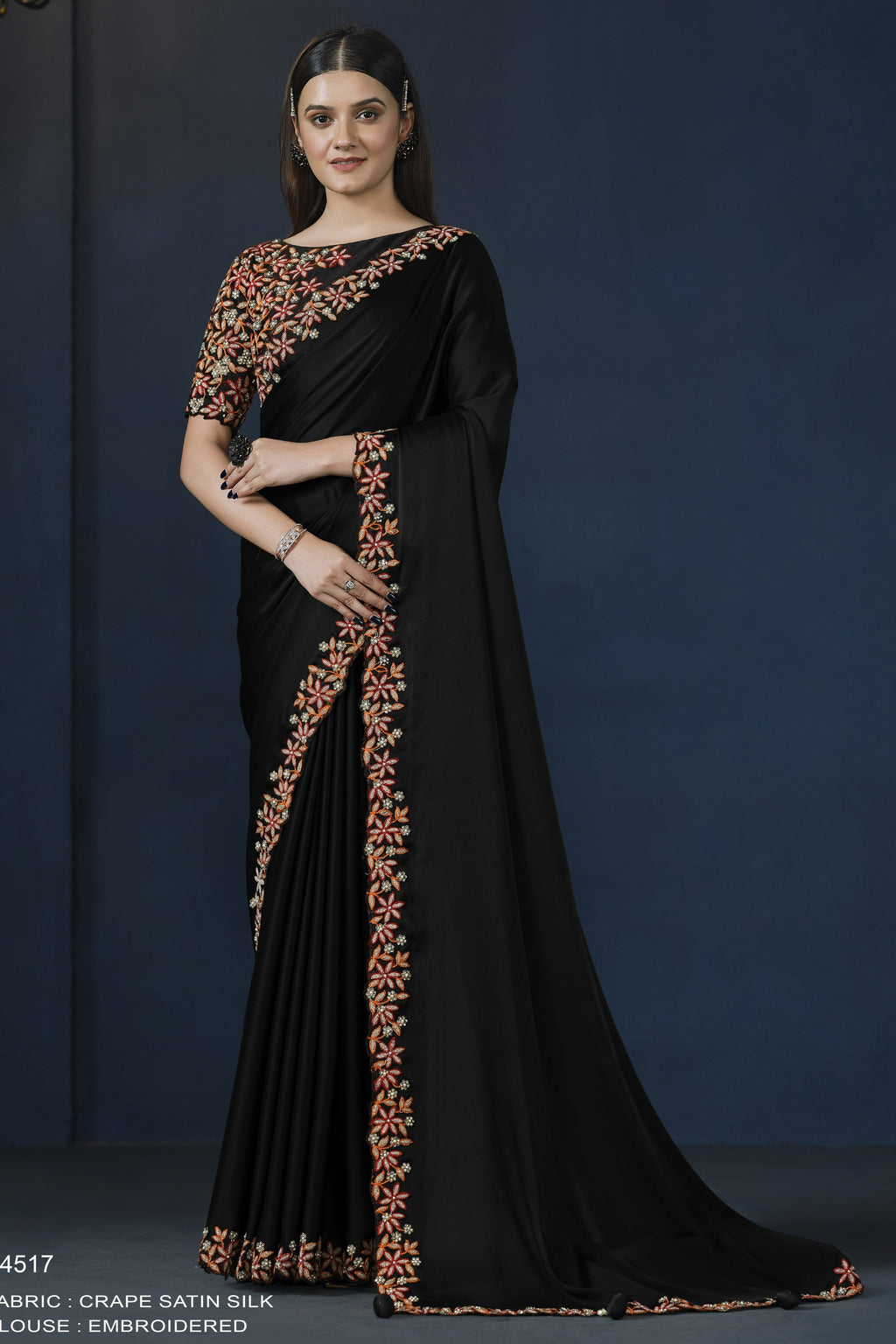 Black Crepe Satin Silk Saree With Stitched Blouse For Indian & Pakistani Wedding Festival - Thread Embroidery Work, Hand Work