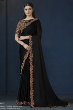 Black Crepe Satin Silk Saree With Stitched Blouse For Indian & Pakistani Wedding Festival - Thread Embroidery Work, Hand Work