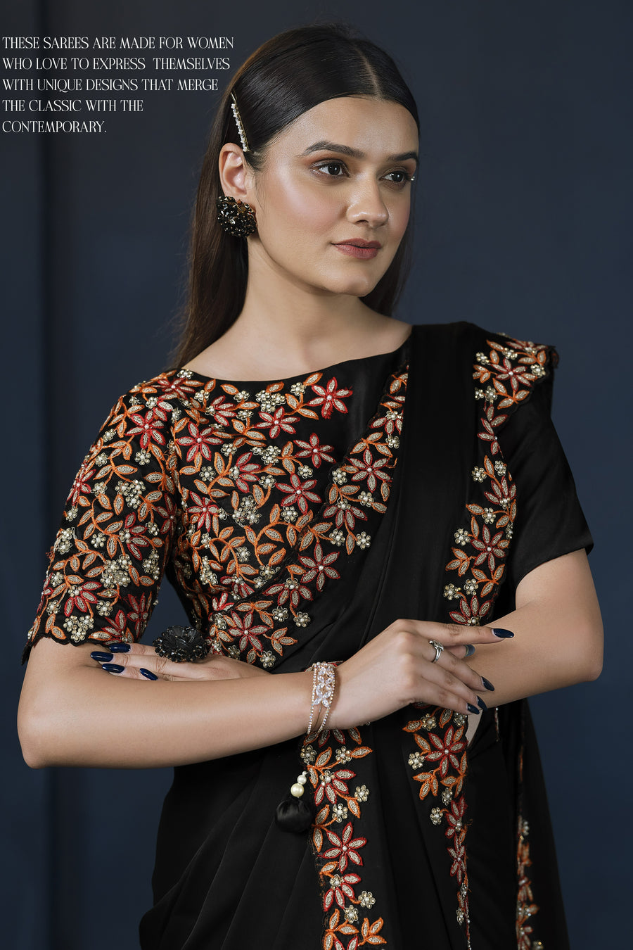 Black Crepe Satin Silk Saree With Stitched Blouse For Indian & Pakistani Wedding Festival - Thread Embroidery Work, Hand Work