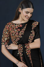 Black Crepe Satin Silk Saree With Stitched Blouse For Indian & Pakistani Wedding Festival - Thread Embroidery Work, Hand Work