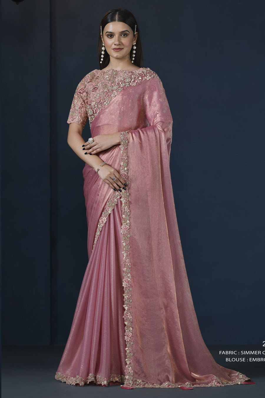 Pink Simmer Chiffon Silk Saree With Stitched Blouse For Indian & Pakistani Wedding Festival - Sequence Embroidery Work, Hand Work, Dori Work