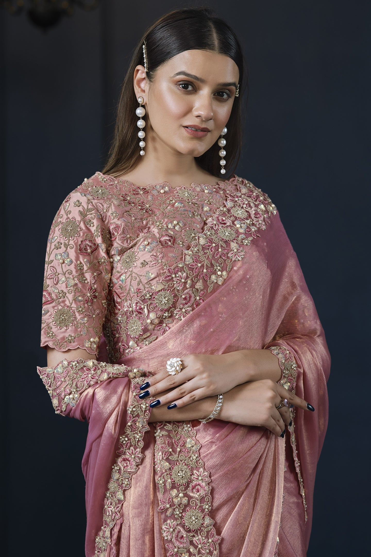 Pink Simmer Chiffon Silk Saree With Stitched Blouse For Indian & Pakistani Wedding Festival - Sequence Embroidery Work, Hand Work, Dori Work