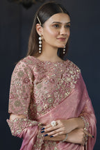 Pink Simmer Chiffon Silk Saree With Stitched Blouse For Indian & Pakistani Wedding Festival - Sequence Embroidery Work, Hand Work, Dori Work