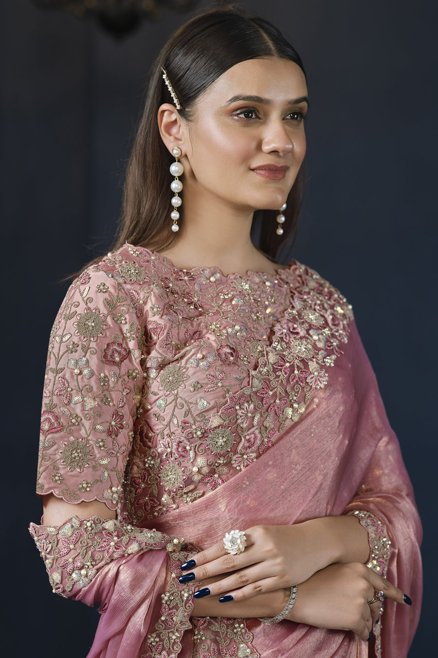 Pink Simmer Chiffon Silk Saree With Stitched Blouse For Indian & Pakistani Wedding Festival - Sequence Embroidery Work, Hand Work, Dori Work