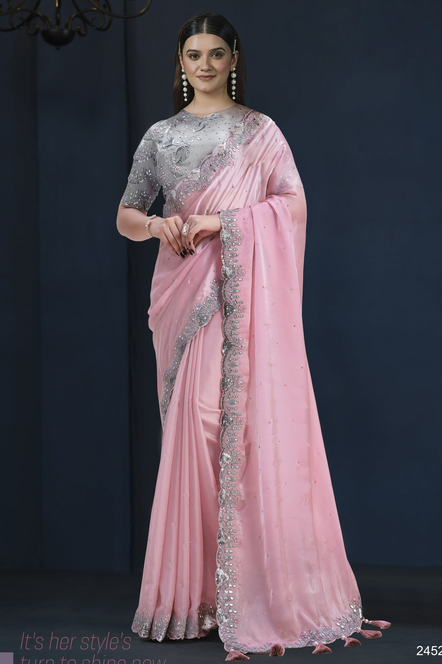 Baby Pink Crepe Satin Silk Saree With Stitched Blouse For Indian & Pakistani Wedding Festival - Stone Work, Sequence Embroidery Work, Dori Work
