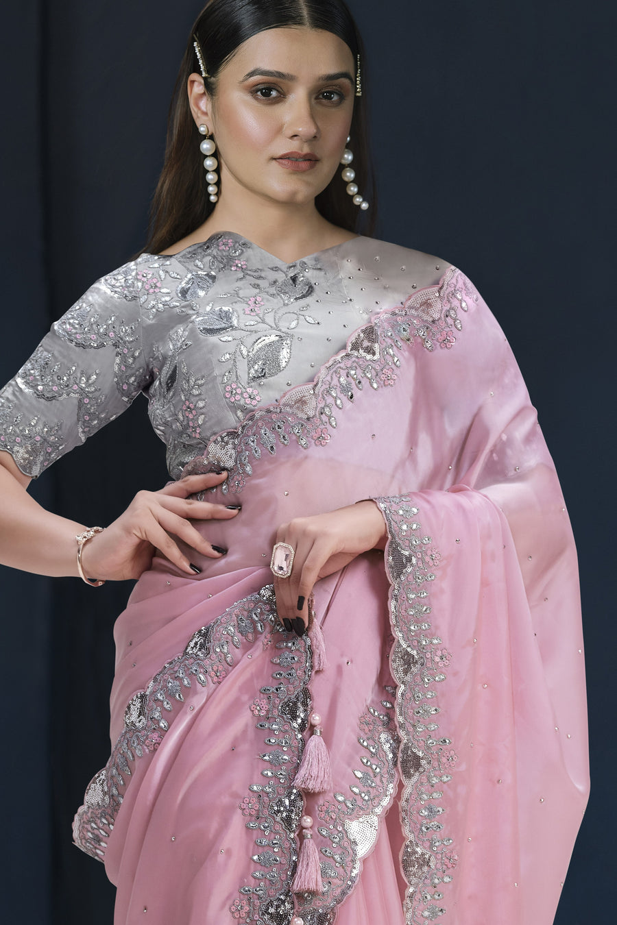 Baby Pink Crepe Satin Silk Saree With Stitched Blouse For Indian & Pakistani Wedding Festival - Stone Work, Sequence Embroidery Work, Dori Work