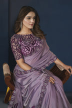 Purple Crepe Satin Silk Saree With Stitched Blouse For Indian & Pakistani Wedding Festival - Sequence Embroidery Work, Stone Work