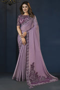Purple Crepe Satin Silk Saree With Stitched Blouse For Indian & Pakistani Wedding Festival - Sequence Embroidery Work, Stone Work