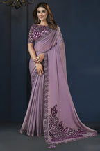 Purple Crepe Satin Silk Saree With Stitched Blouse For Indian & Pakistani Wedding Festival - Sequence Embroidery Work, Stone Work