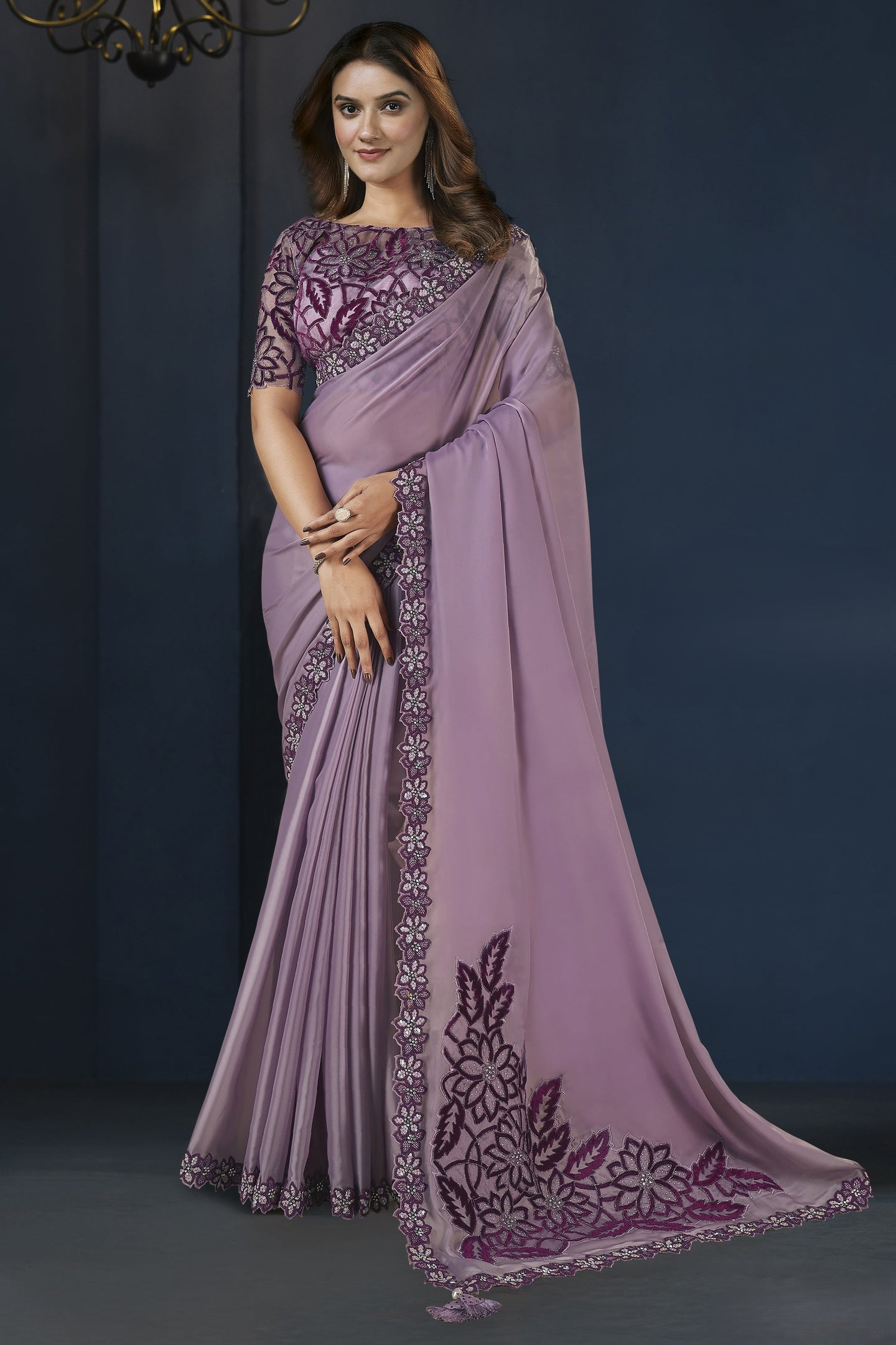 Purple Crepe Satin Silk Saree With Stitched Blouse For Indian & Pakistani Wedding Festival - Sequence Embroidery Work, Stone Work