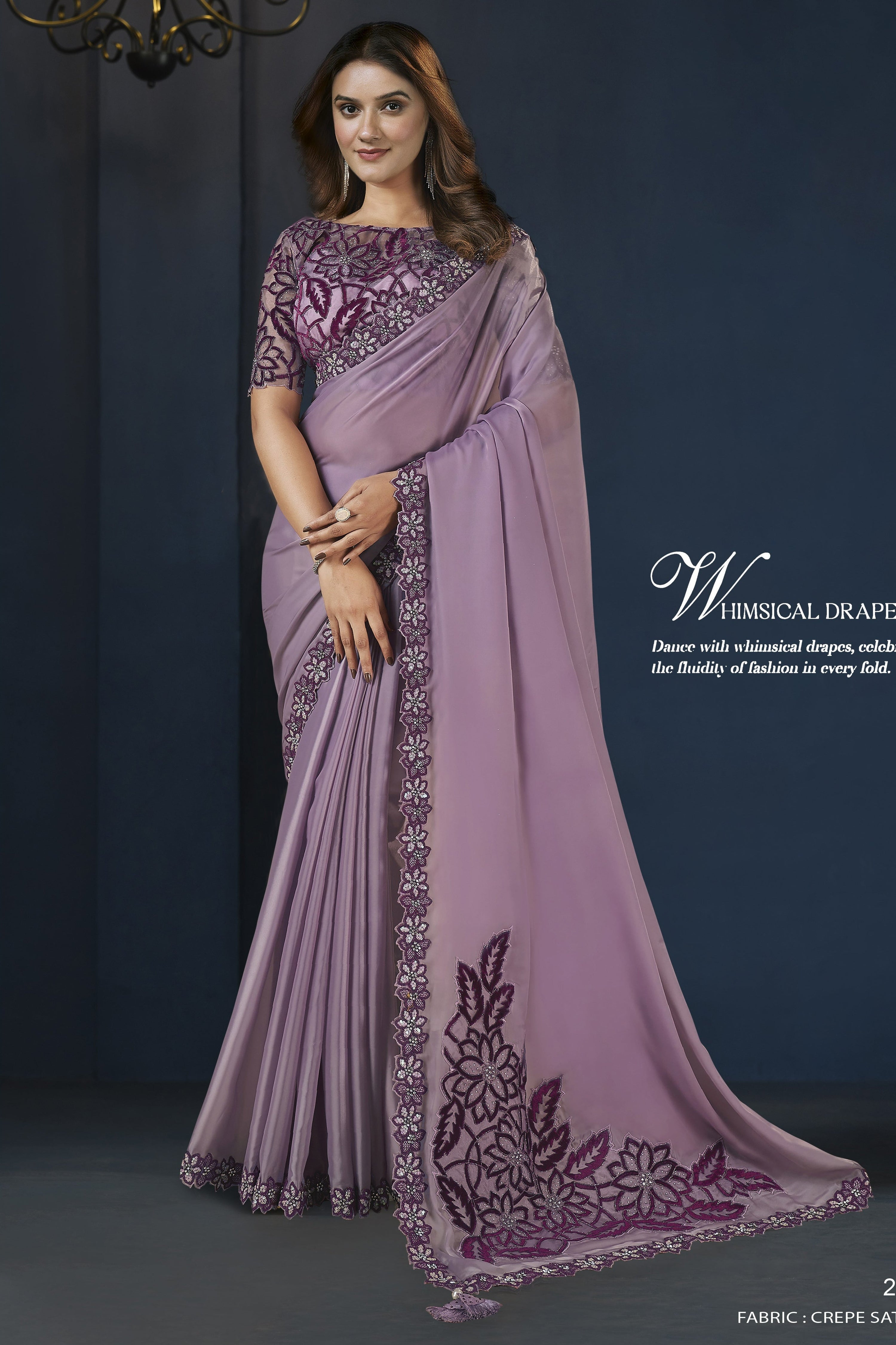 Purple Crepe Satin Silk Saree With Stitched Blouse For Indian & Pakistani Wedding Festival - Sequence Embroidery Work, Stone Work
