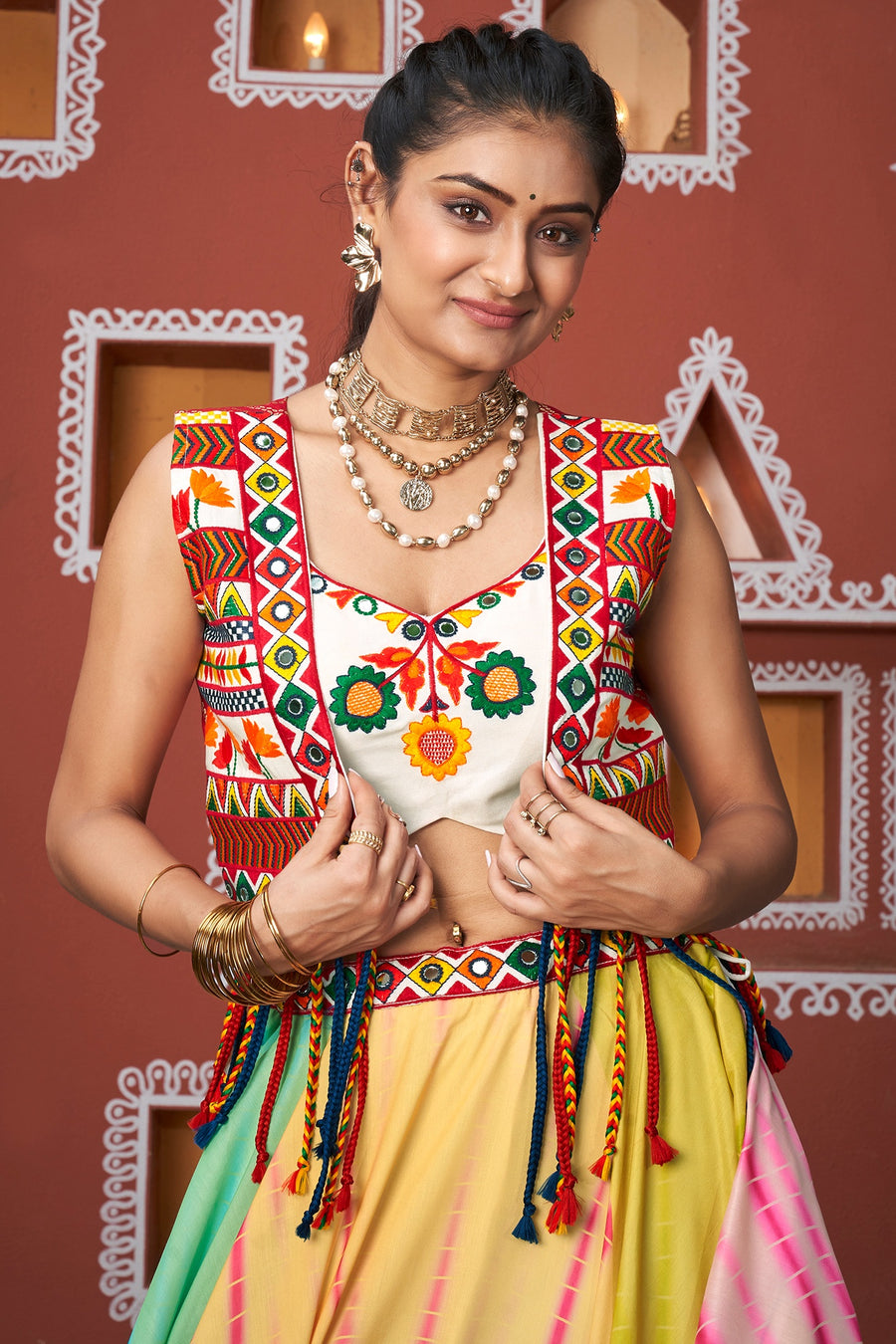 Multicolor Maska Silk Chaniya Choli with Jacket For Navratri Garba Festival 7 Meter Flair - Thread Embroidery Work, Real Mirror Work