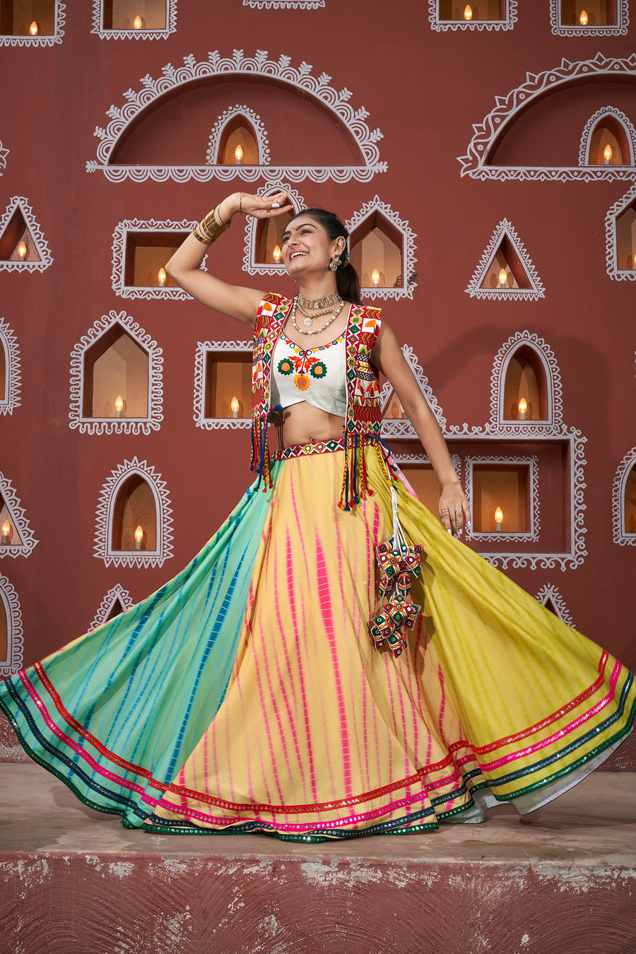 Multicolor Maska Silk Chaniya Choli with Jacket For Navratri Garba Festival 7 Meter Flair - Thread Embroidery Work, Real Mirror Work