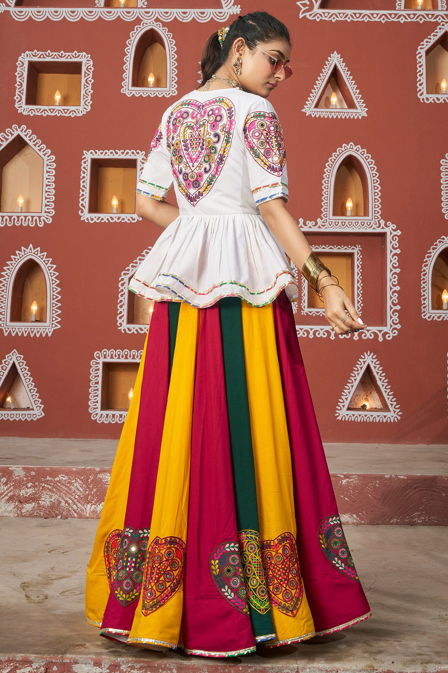 Multicolor Rayon Chaniya Choli with Jacket For Navratri Garba Festival 7 Meter Flair - Thread Embroidery Work, Mirror Work