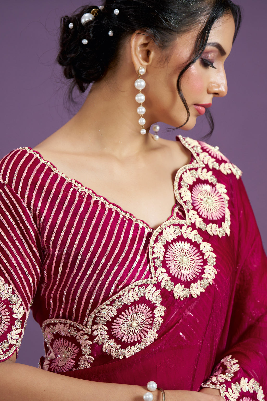 Red Two Tone Satin Silk Saree With Stitched Blouse For Indian & Pakistani Wedding Festival - Sequence Embroidery Work, Moti Work, Dori Work