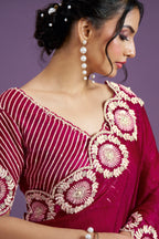 Red Two Tone Satin Silk Saree With Stitched Blouse For Indian & Pakistani Wedding Festival - Sequence Embroidery Work, Moti Work, Dori Work