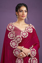 Red Two Tone Satin Silk Saree With Stitched Blouse For Indian & Pakistani Wedding Festival - Sequence Embroidery Work, Moti Work, Dori Work