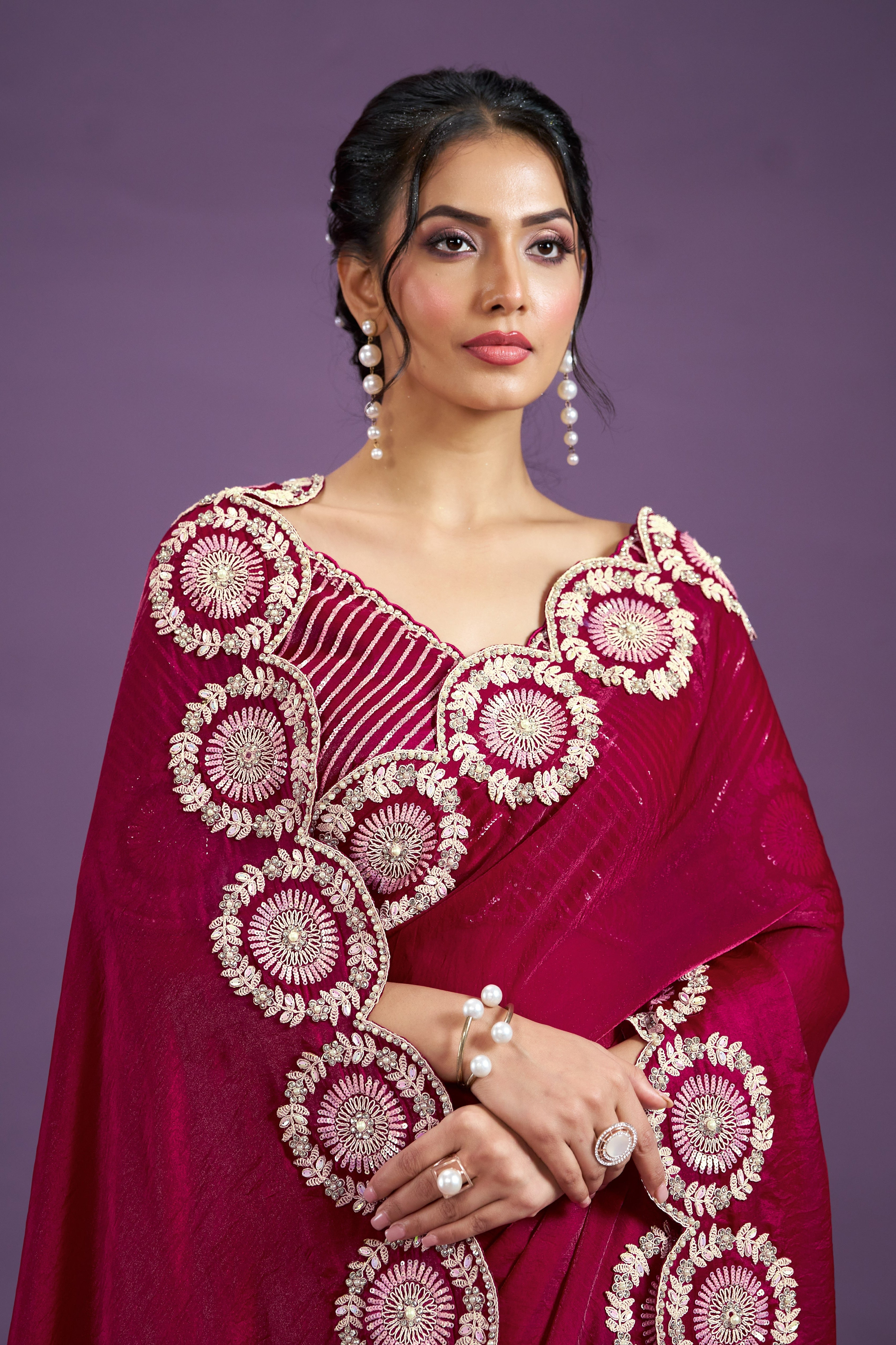 Red Two Tone Satin Silk Saree With Stitched Blouse For Indian & Pakistani Wedding Festival - Sequence Embroidery Work, Moti Work, Dori Work