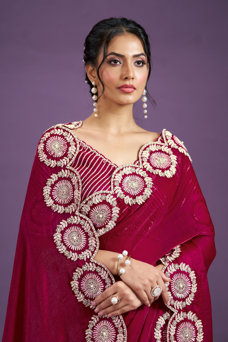 Red Two Tone Satin Silk Saree With Stitched Blouse For Indian & Pakistani Wedding Festival - Sequence Embroidery Work, Moti Work, Dori Work