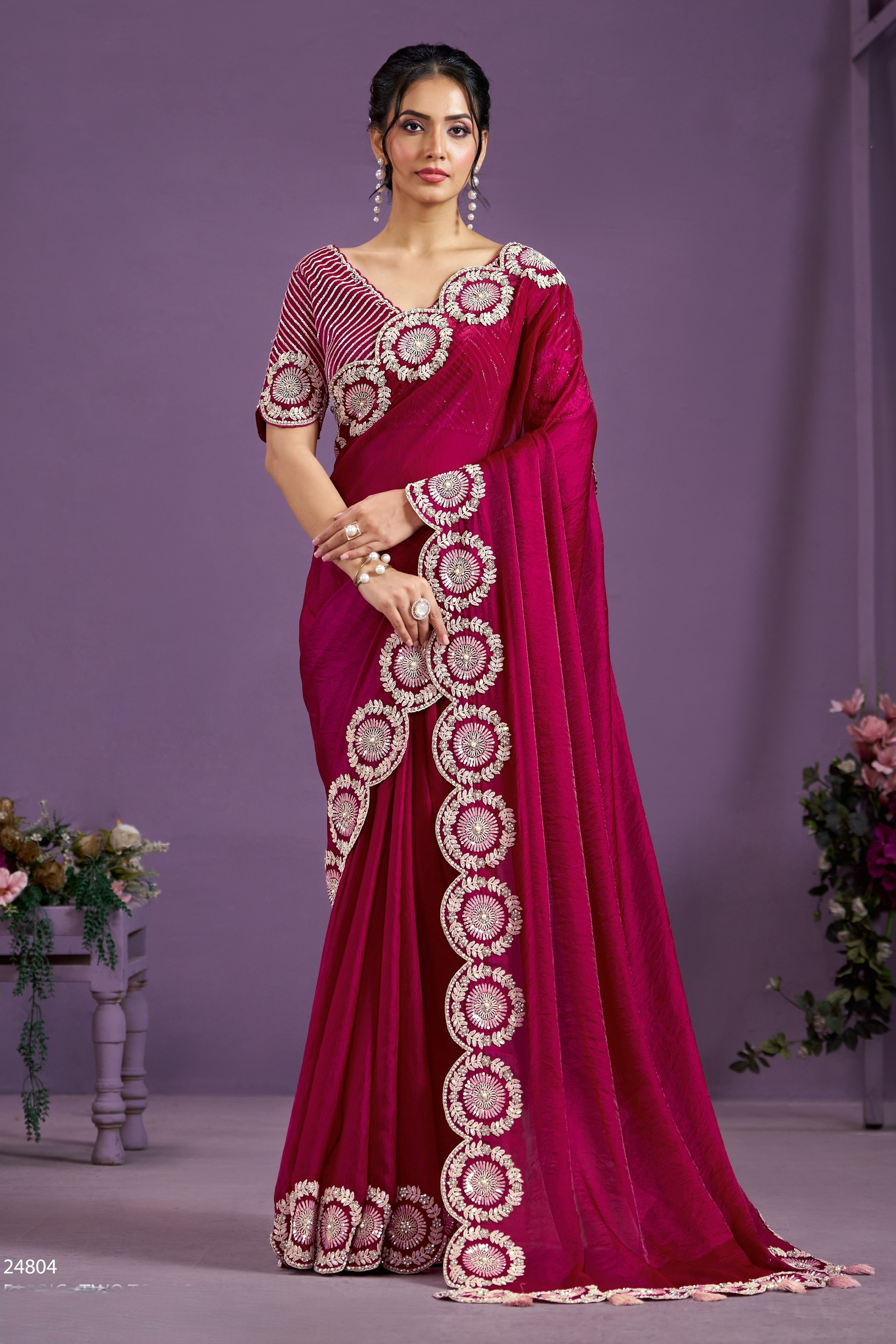 Red Two Tone Satin Silk Saree With Stitched Blouse For Indian & Pakistani Wedding Festival - Sequence Embroidery Work, Moti Work, Dori Work