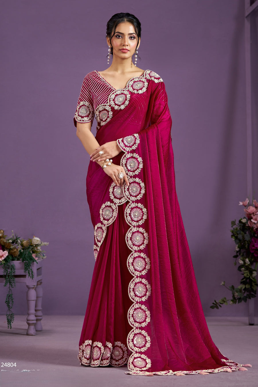 Red Two Tone Satin Silk Saree With Stitched Blouse For Indian & Pakistani Wedding Festival - Sequence Embroidery Work, Moti Work, Dori Work