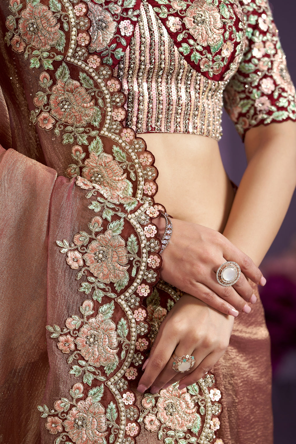 Rose Gold Banarasi Crush Silk Saree With Stitched Blouse For Indian & Pakistani Wedding Festival - Sequence Embroidery Work, Moti Work