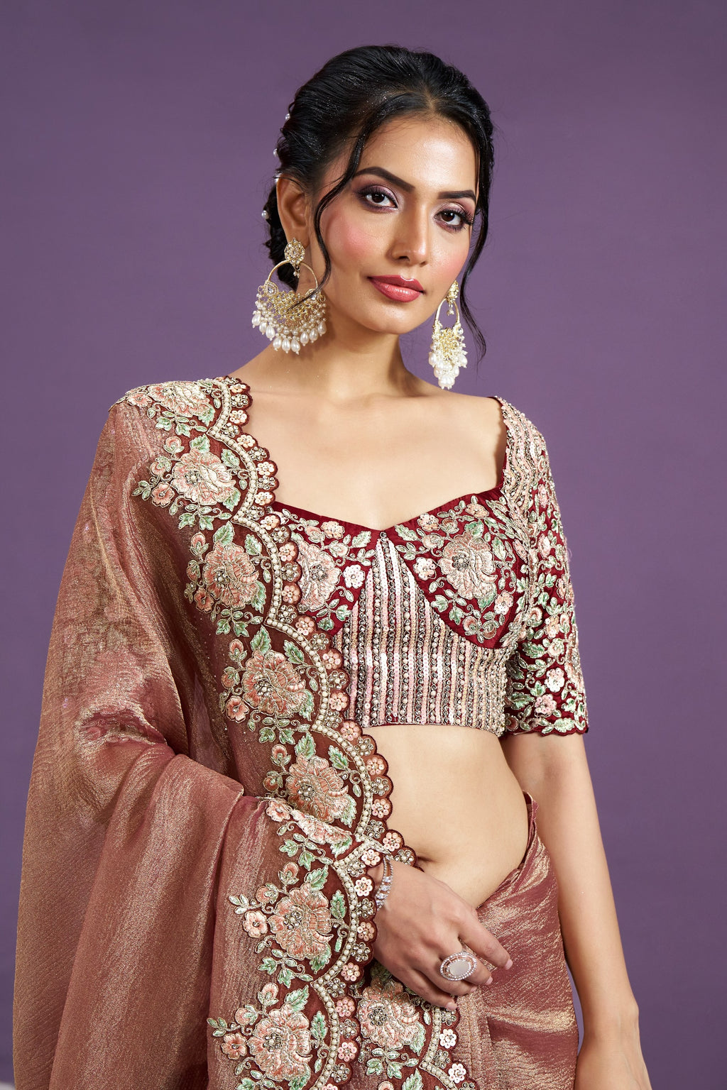 Rose Gold Banarasi Crush Silk Saree With Stitched Blouse For Indian & Pakistani Wedding Festival - Sequence Embroidery Work, Moti Work