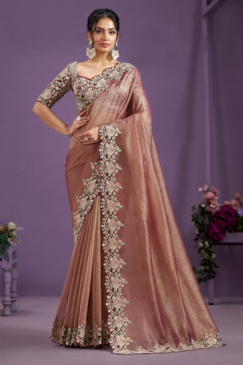 Rose Gold Banarasi Crush Silk Saree With Stitched Blouse For Indian & Pakistani Wedding Festival - Sequence Embroidery Work, Moti Work