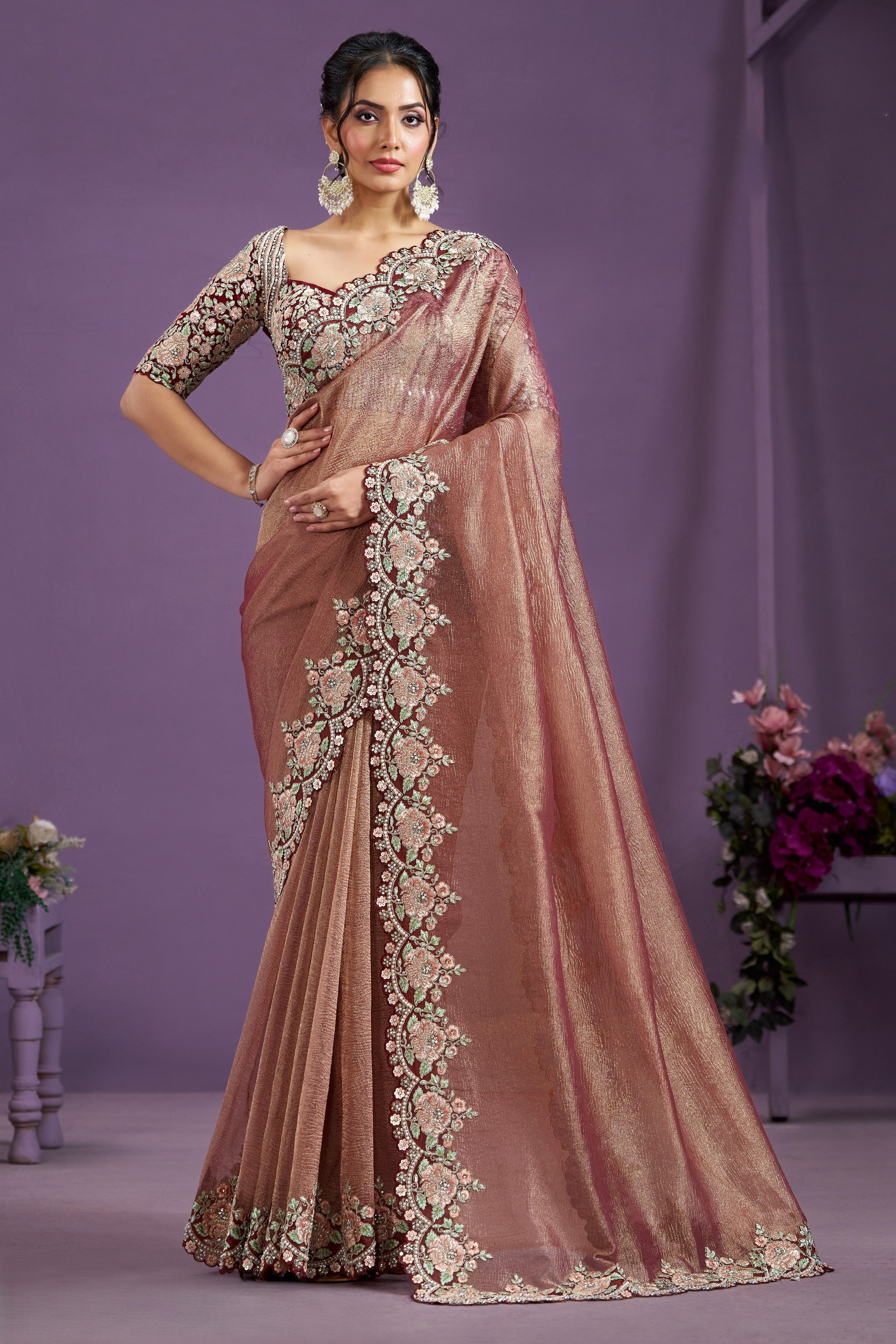 Rose Gold Banarasi Crush Silk Saree With Stitched Blouse For Indian & Pakistani Wedding Festival - Sequence Embroidery Work, Moti Work