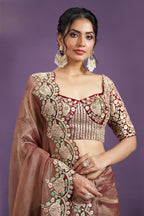 Rose Gold Banarasi Crush Silk Saree With Stitched Blouse For Indian & Pakistani Wedding Festival - Sequence Embroidery Work, Moti Work