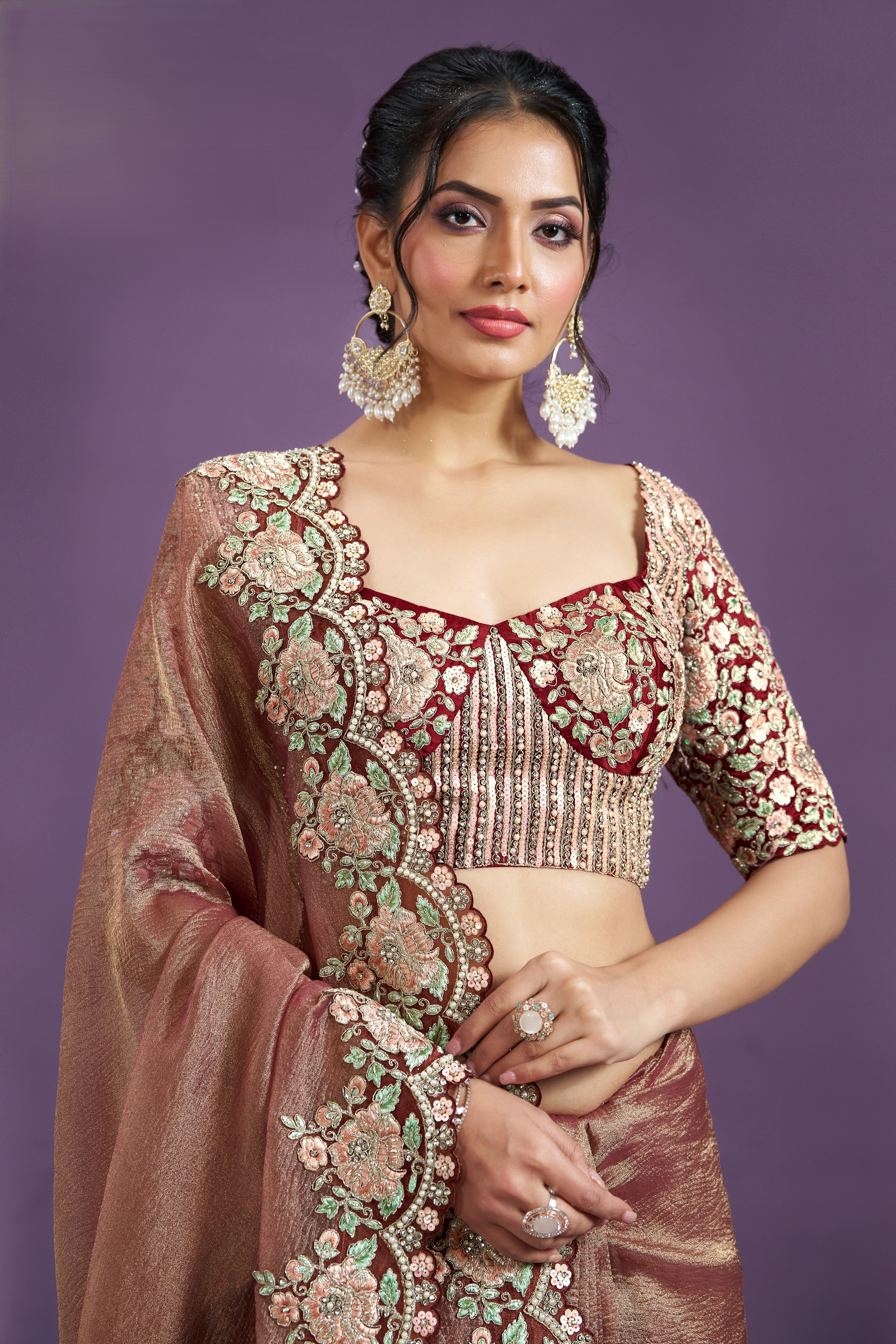 Rose Gold Banarasi Crush Silk Saree With Stitched Blouse For Indian & Pakistani Wedding Festival - Sequence Embroidery Work, Moti Work