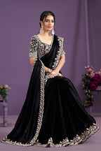 Black Double Tone Satin Silk Saree With Stitched Blouse For Indian & Pakistani Wedding Festival - Sequence Embroidery Work, Hand Work