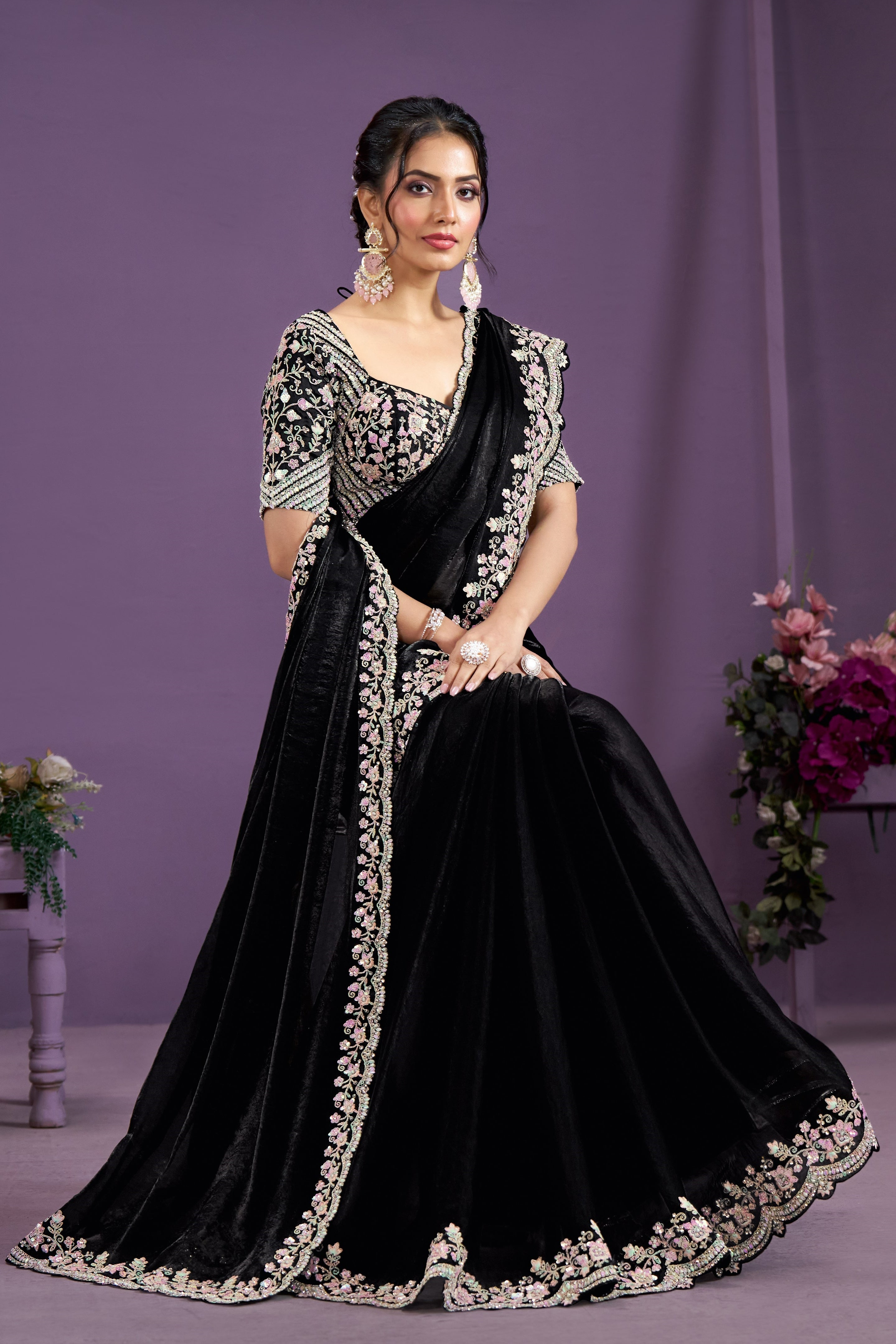 Black Double Tone Satin Silk Saree With Stitched Blouse For Indian & Pakistani Wedding Festival - Sequence Embroidery Work, Hand Work