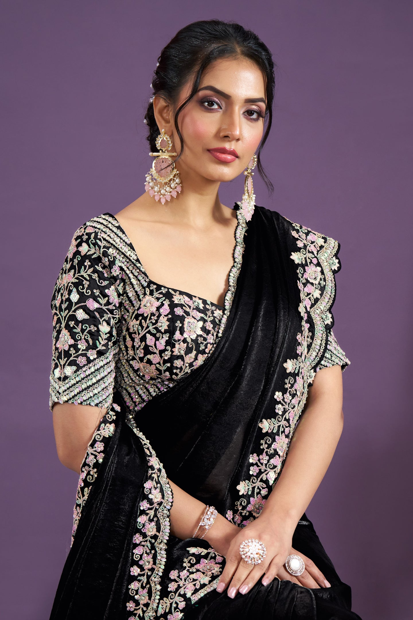 Black Double Tone Satin Silk Saree With Stitched Blouse For Indian & Pakistani Wedding Festival - Sequence Embroidery Work, Hand Work