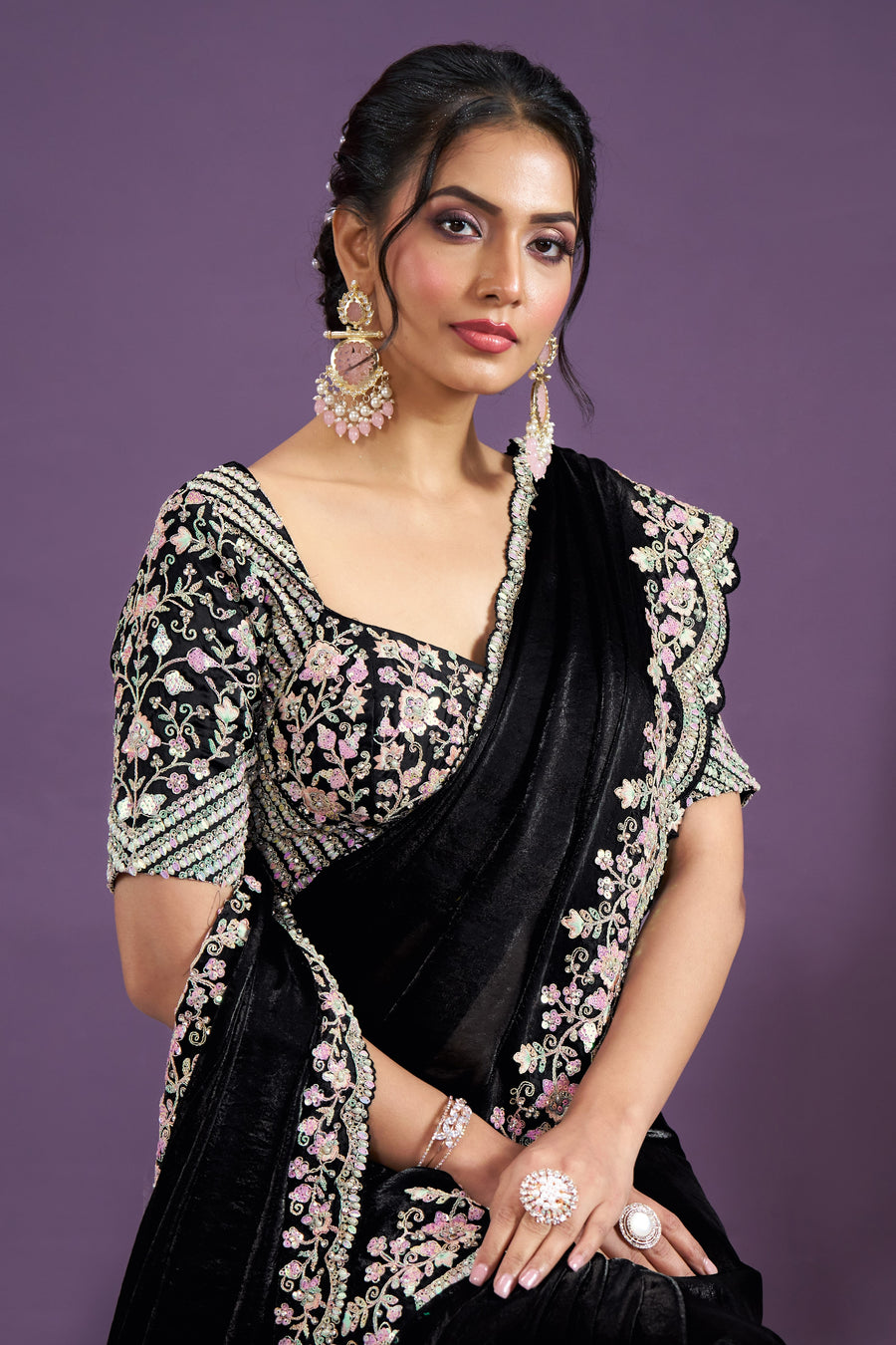 Black Double Tone Satin Silk Saree With Stitched Blouse For Indian & Pakistani Wedding Festival - Sequence Embroidery Work, Hand Work