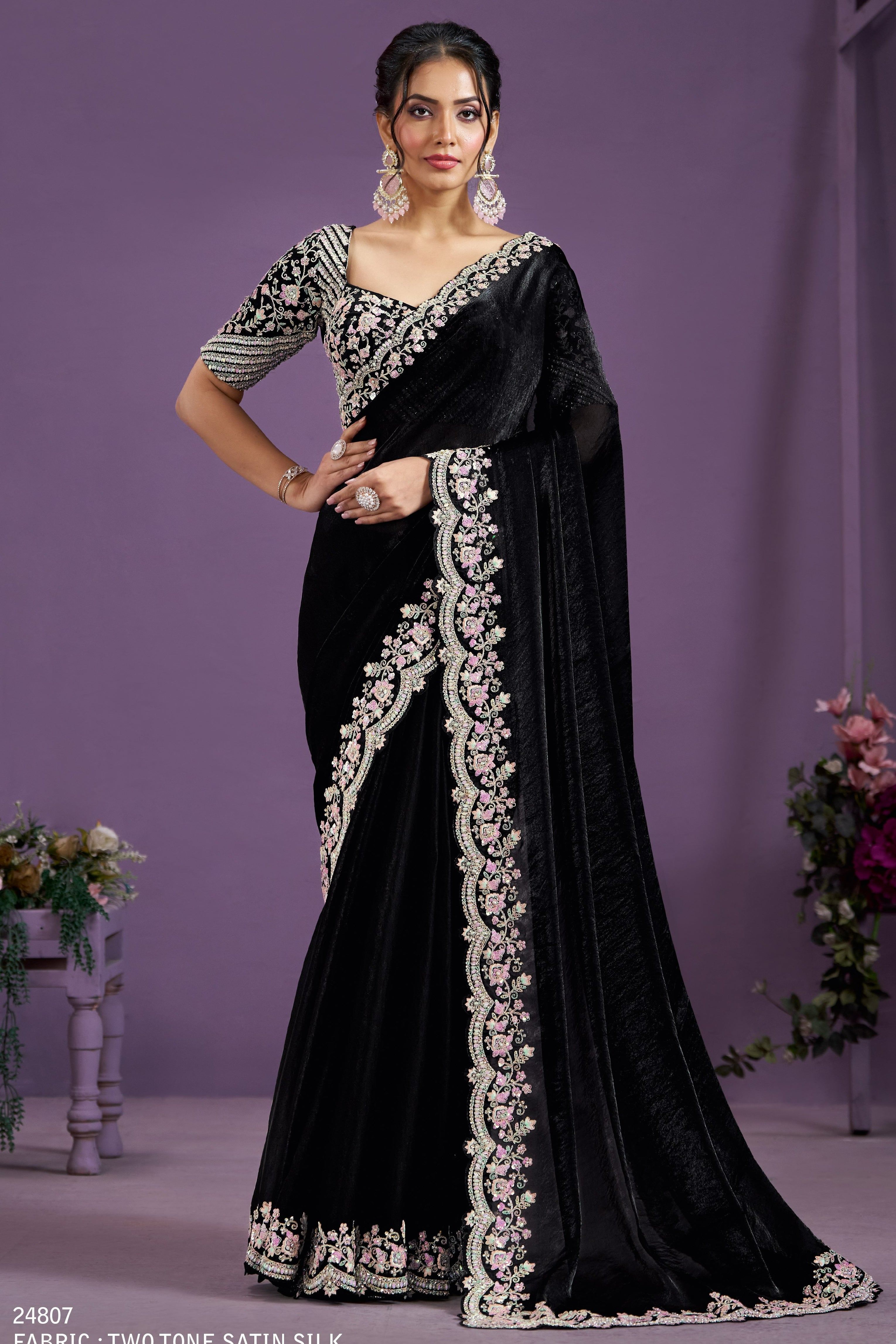 Black Double Tone Satin Silk Saree With Stitched Blouse For Indian & Pakistani Wedding Festival - Sequence Embroidery Work, Hand Work